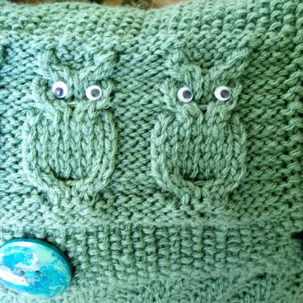 Hand Crafted Pillow Knit Sage Green Owl Googly Eye Hand Painted Button H…